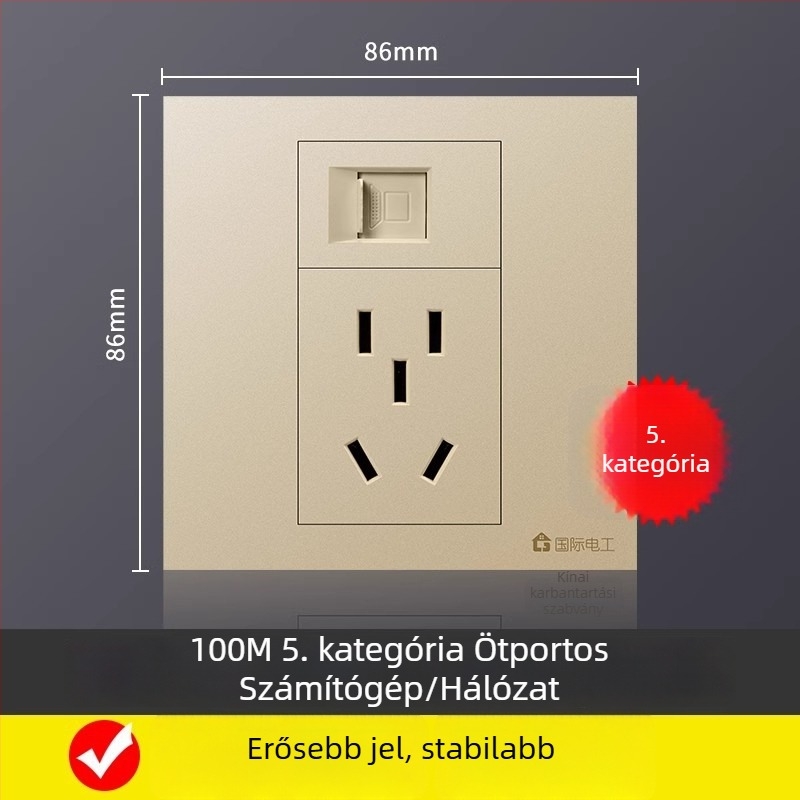86-os típusú falra szerelhető hálózati panel 5 csatlakozóval, Gigabit Cat6 portok és tápegység