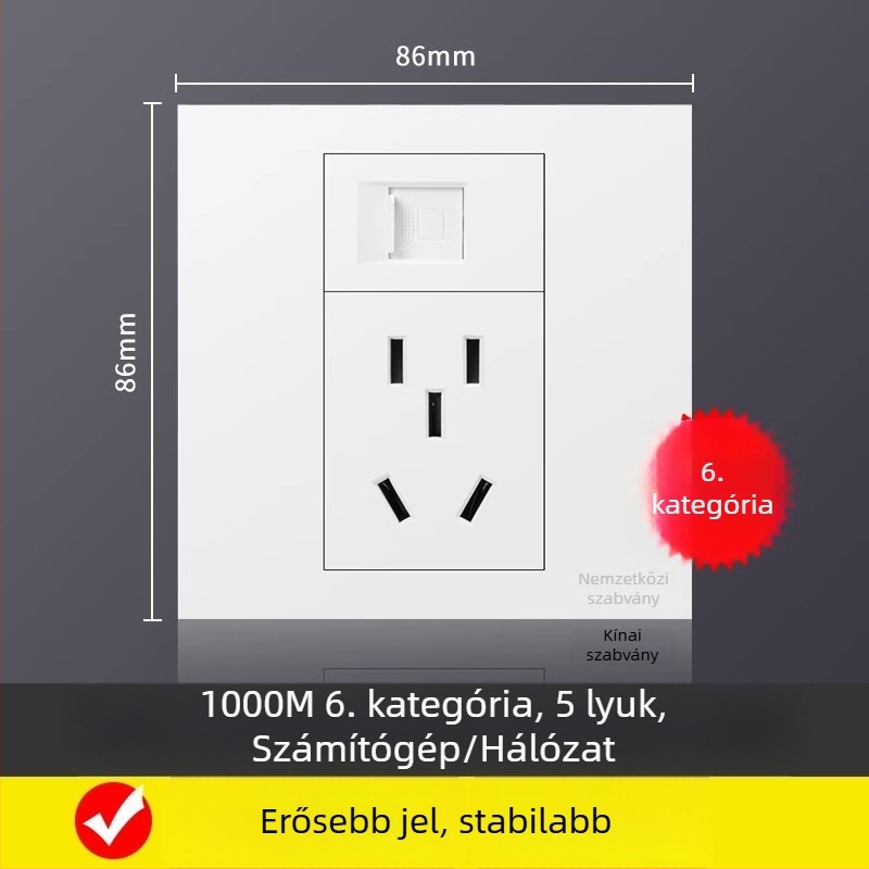 86-os típusú falra szerelhető hálózati panel 5 csatlakozóval, Gigabit Cat6 portok és tápegység