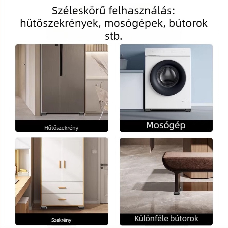 Gördíthető mosógép-bázis, állítható magasságú, csúszásmentes és rezgéscsillapító, lábfejekkel ellátott