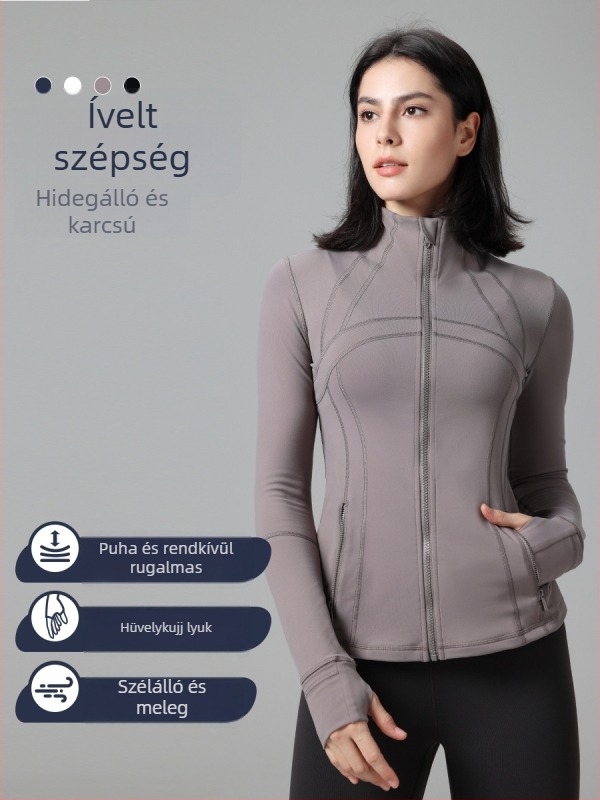 Női hosszú ujjú jóga felső, álló gallérral, vastagított anyagból, szoros fazonban téli edzésekhez