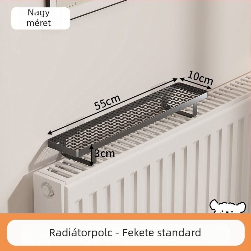 Fürdőszobai radiátoros polc akasztókkal, fúrás nélkül, ruhaszárításra és tárolásra