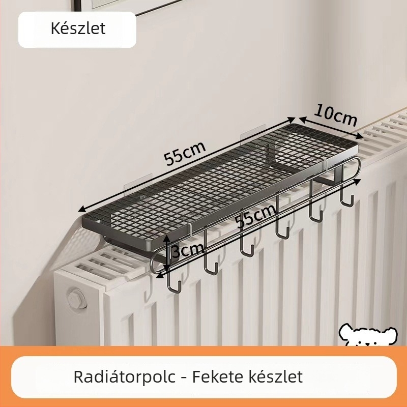Fürdőszobai radiátoros polc akasztókkal, fúrás nélkül, ruhaszárításra és tárolásra