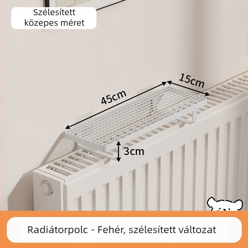 Fürdőszobai radiátoros polc akasztókkal, fúrás nélkül, ruhaszárításra és tárolásra