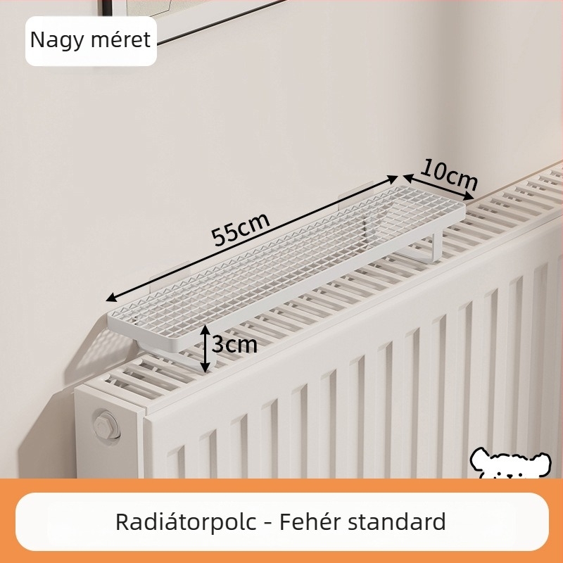 Fürdőszobai radiátoros polc akasztókkal, fúrás nélkül, ruhaszárításra és tárolásra