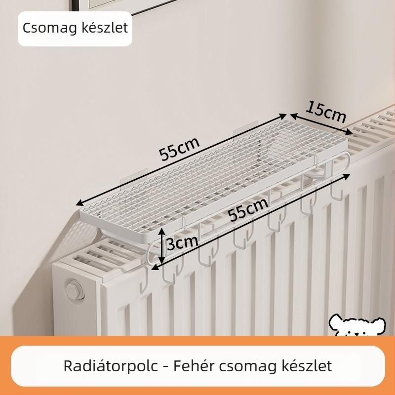 Fürdőszobai radiátoros polc akasztókkal, fúrás nélkül, ruhaszárításra és tárolásra