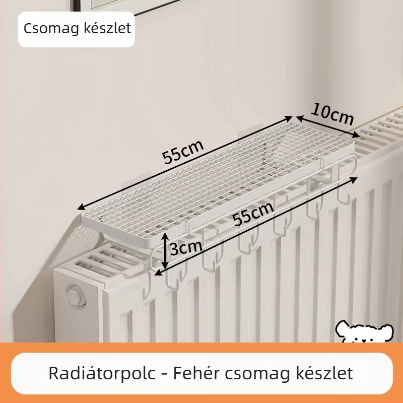 Fürdőszobai radiátoros polc akasztókkal, fúrás nélkül, ruhaszárításra és tárolásra