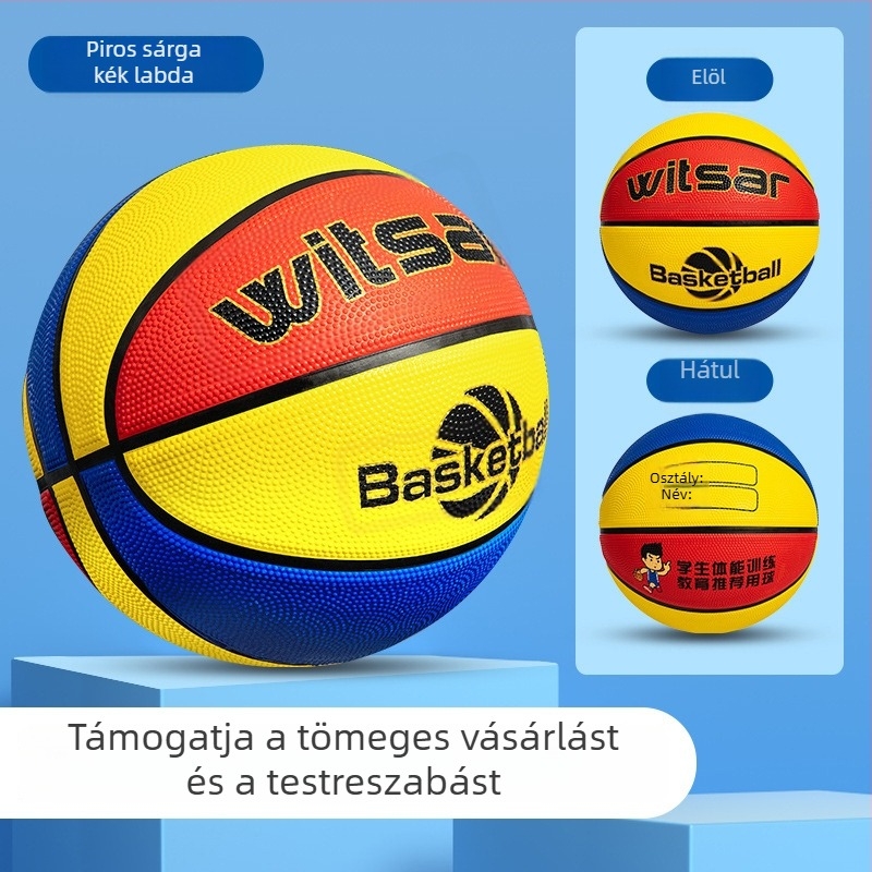 Kék gumilabda gyerekeknek, kezdő méretek 3–7, óvoda és általános iskola számára.