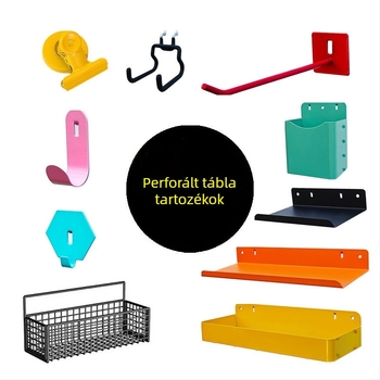 Perforált tábla kör alakú lyukakkal – fém akasztókkal és kiegészítőkkel, multifunkcionális tárolóállvány íróasztalhoz, vas művészeti stílus, 16 mm-es lyukköz.