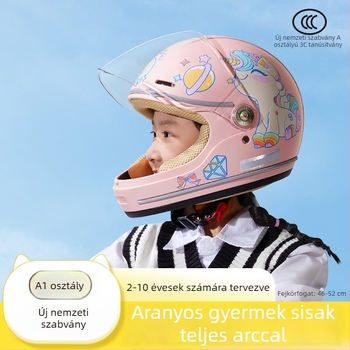 Gyerekeknek készült teljes arcú sisak ABS-sel, Class A az új nemzeti szabvány szerint, aranyos rajzfilm dizájn, alkalmas elektromos járművekre és robogókra
