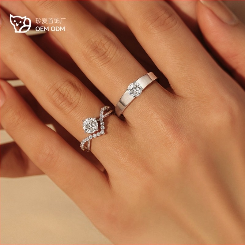 Moissanite párgyűrűk 925-ös ezüstből – esküvői készlet, minimalist geometriai dizájn, finom luxus