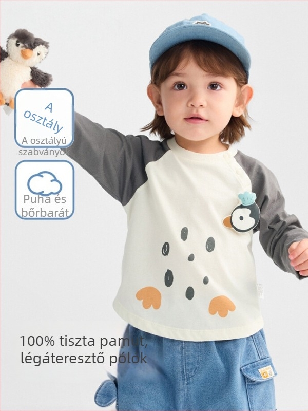 Gyermekeknek készült pamut hosszú ujjú póló rajzfilm mintával – 100% pamut, unisex, tavasz–ősz