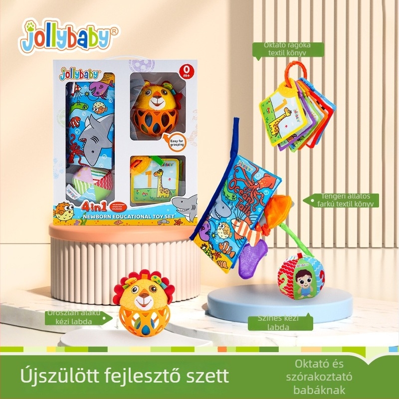 Jollybaby Újszülött ajándékcsomag: nyugtató, korai fejlesztő készlet textile könyvvel, csörgővel és babajátékokkal 0–6 hónaposoknak