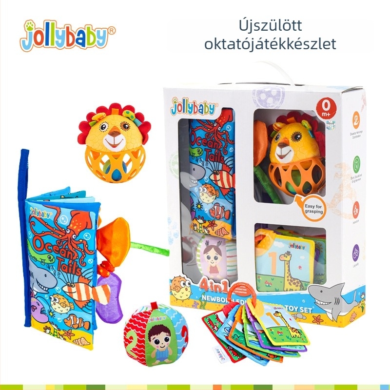 Jollybaby Újszülött ajándékcsomag: nyugtató, korai fejlesztő készlet textile könyvvel, csörgővel és babajátékokkal 0–6 hónaposoknak