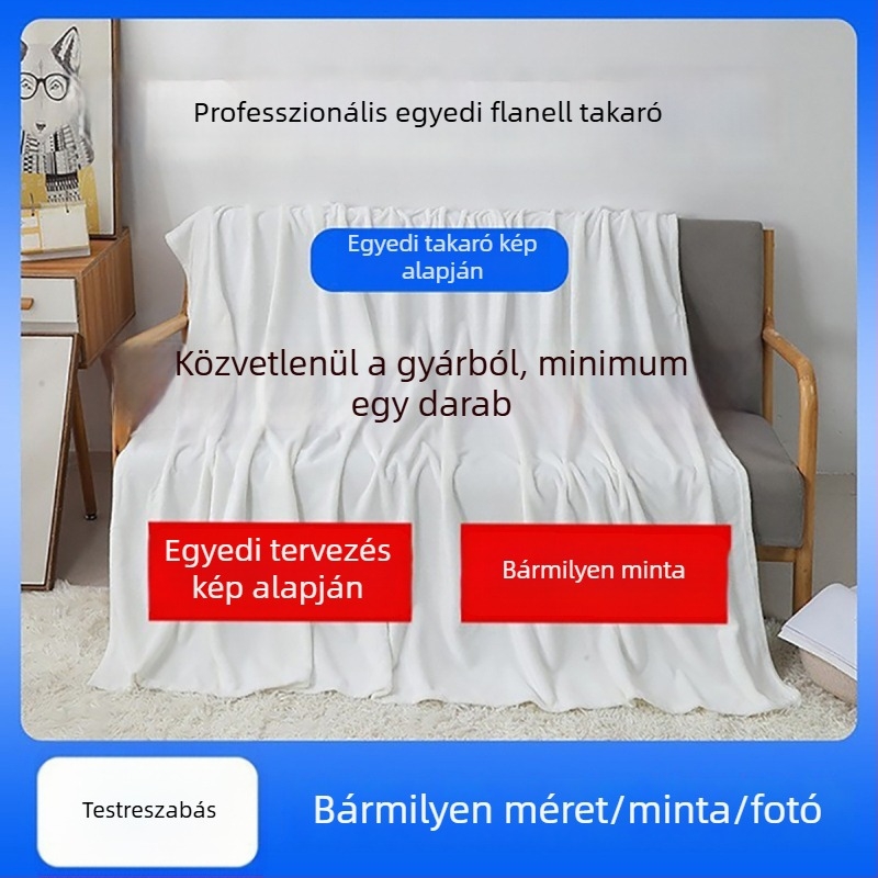Személyre szabott digitálisan nyomtatott flanel takaró, poliészter, 800–1000 g, prémium, modern minimál stílus, minden évszakhoz.
