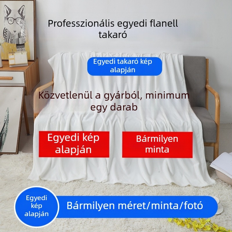 Személyre szabott digitálisan nyomtatott flanel takaró, poliészter, 800–1000 g, prémium, modern minimál stílus, minden évszakhoz.