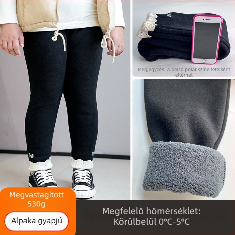 Lányoknak készült fleece bevonatú leggings ősz-télre, bő szabás, plusz méret