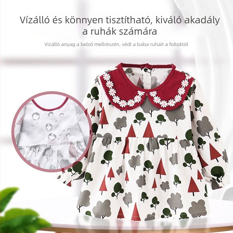 Vízálló etető kötény babáknak hosszú ujjú, rajzhoz és etetéshez, fordítható dizájn
