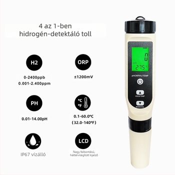Otthoni vízminőség-ellenőrző toll hidrogénben gazdag vízhez — ORP, redox, pH, hidrogénion tartalom, H2 detektor
