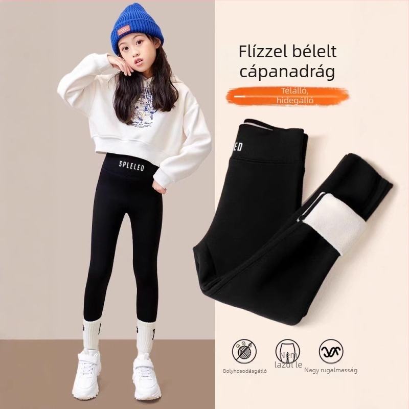Téli gyerek Shark nadrág fleece-sel bélelt, extra vastag, magas derekú, lányoknak 140 cm felett, jóga nadrág