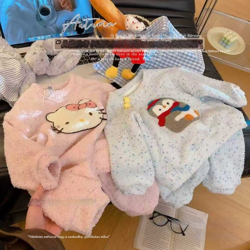 Gyerekeknek készült pizsama szett Ősz–tél, meleg, antibakteriális, hímzett, fél velúr belső, vastag, két darabos készlet