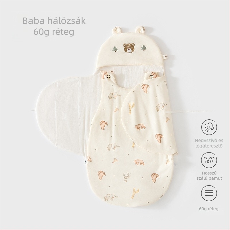 Újszülött: cocoon-stílusú hálózsák cipzárral, pamut, 80 cm, téli–tavaszi–őszi használatra