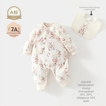 100% pamutból készült baba overál, A osztály, 120 g szójafehérje töltésű steppelt bélés, vastag ősz-téli modell, 0–12 hónapos korosztálynak, uniszex, hosszú ujjú, kapucni nélkül