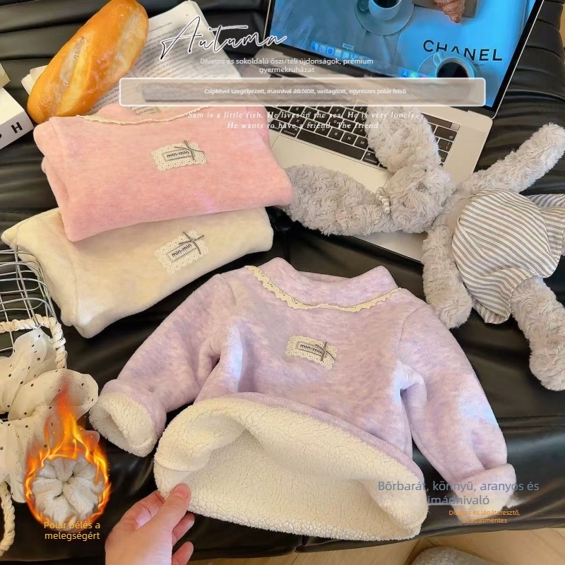 Lányoknak készült gyapjú-selyem alaprétegű felső, őszi–téli, fleece-bélelt, meleg, hosszú ujjú