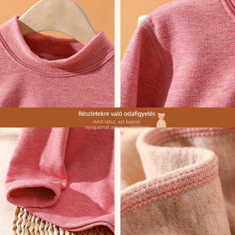 Gyerekek téli termo felső fleece belsővel, selyem–gyapjú keverék, kerek nyakú, fiúknak és lányoknak, európai stílus