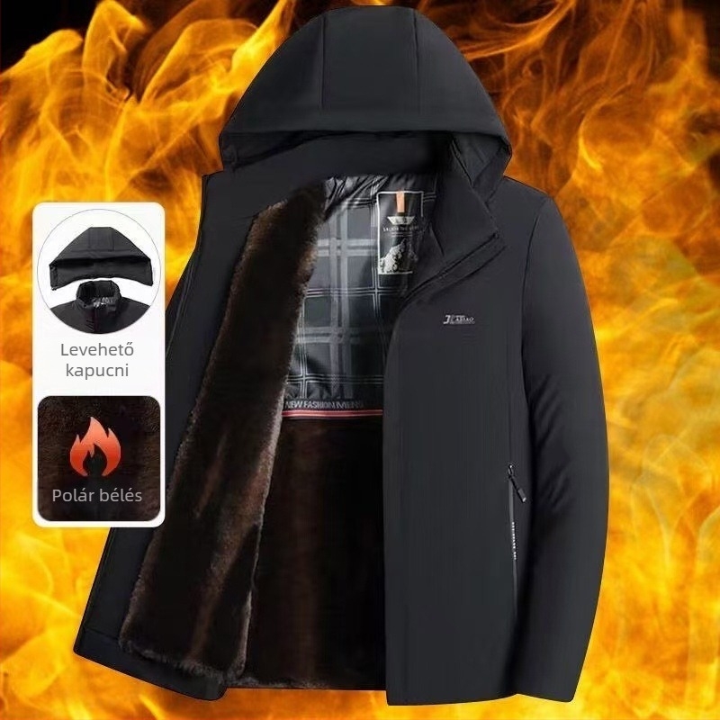 Férfi téli vastag parka fleece-beléssel és levehető kapucnival