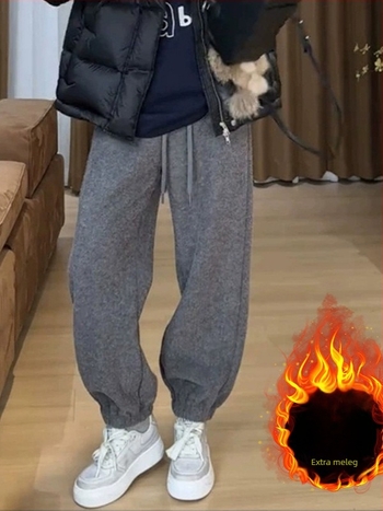 Női polárbéléses casual nadrág ősz-télre, plus méret, laza szabás, magas derék, vastag anyag, egyenes szabású jogger