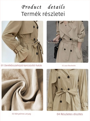Női khaki trench kabát brit stílusban, középhosszú, álló gallér, laza szabás, ősz 2025