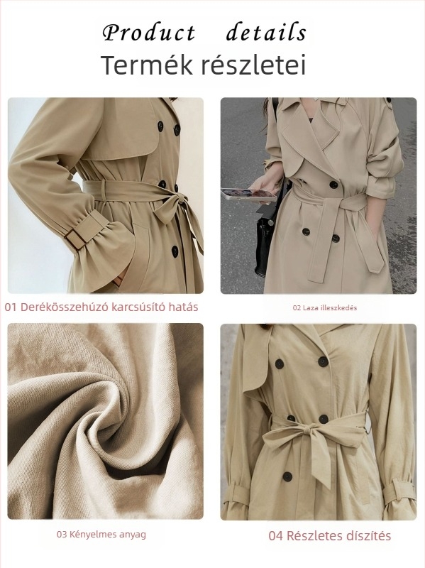 Női khaki trench kabát brit stílusban, középhosszú, álló gallér, laza szabás, ősz 2025