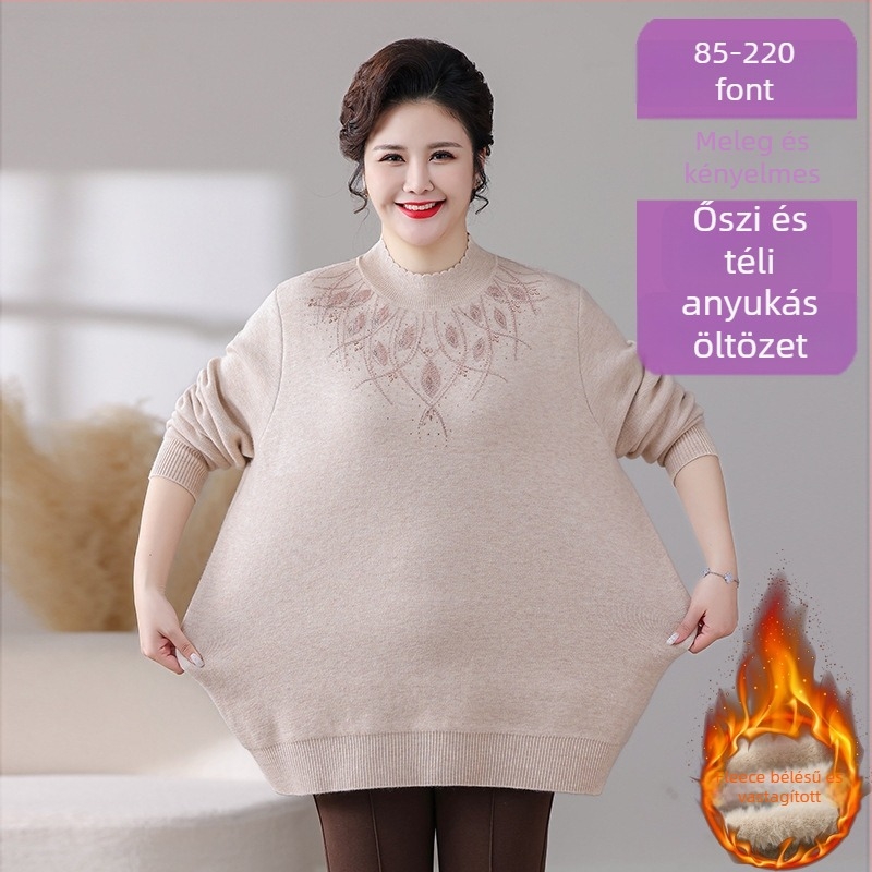 Középkorú és idősebb nők téli fleece pulóvere, vast egyrészes meleg felső, fél-turtleneck gallér, laza szabás, nagy méret