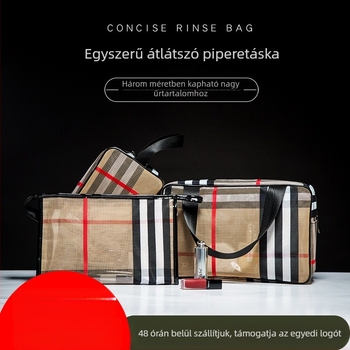 Három darabos PVC sminktáska készlet, kockás mintával, nagy kapacitású, utazáshoz