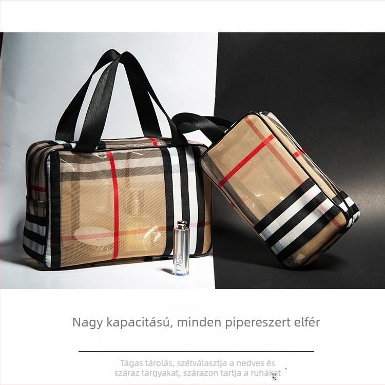 Három darabos PVC sminktáska készlet, kockás mintával, nagy kapacitású, utazáshoz