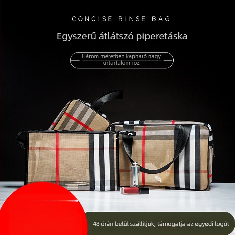 Három darabos PVC sminktáska készlet, kockás mintával, nagy kapacitású, utazáshoz
