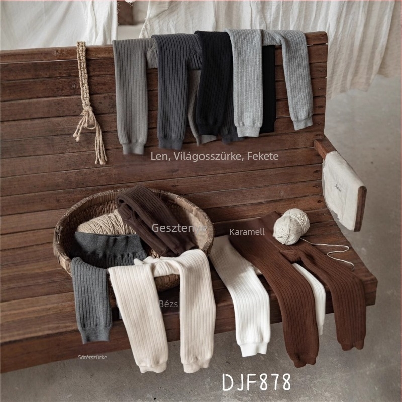 DJF878 Téli gyerekeknek készült leggings fleece-betéttel, egyszínű, vastagított, 9/10 hosszúságú, széles csíkokkal, meleg