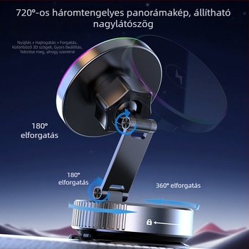 Mágneses vezeték nélküli autótelefon-tartó vákuumos szívófej, 15W töltés, 720° forgatás és összecsukható, univerzális műszerfal tartó