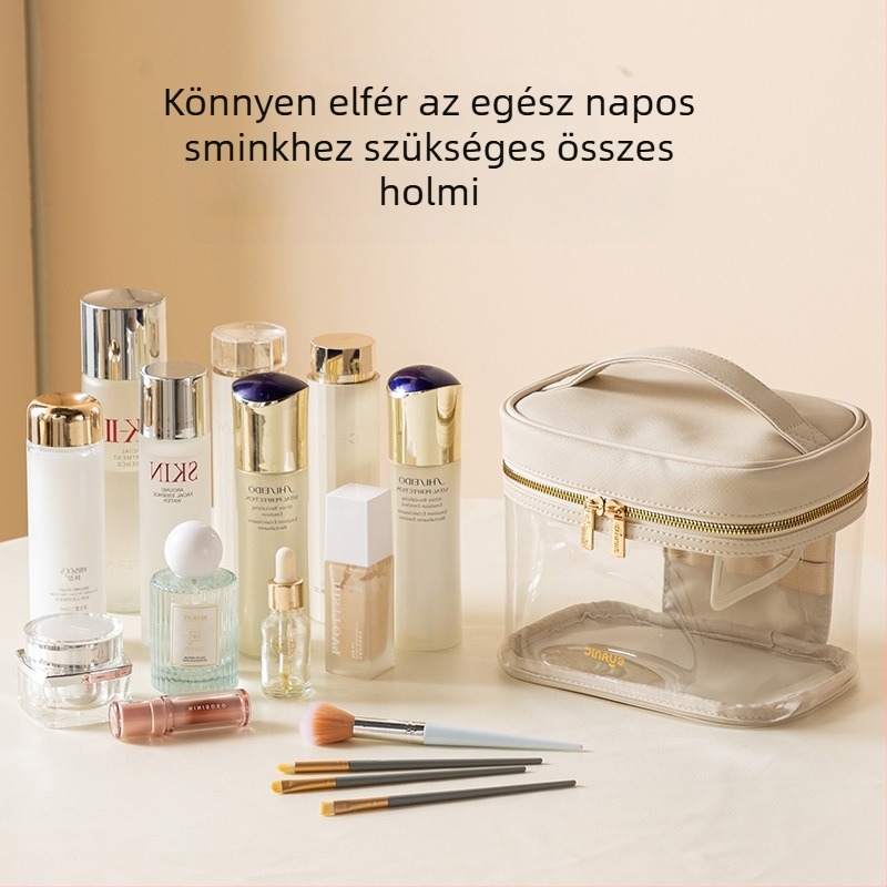 Utazási átlátszó kozmetikai neszesszer, vízálló, hordozható, nagy kapacitású, kétszintes kialakítás