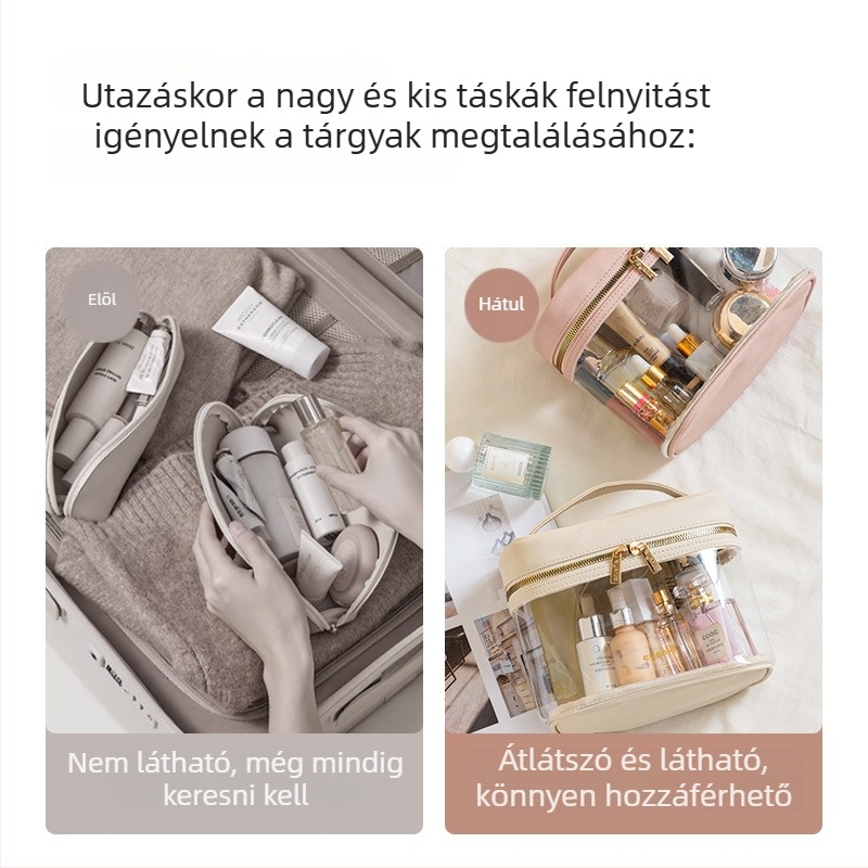 Utazási átlátszó kozmetikai neszesszer, vízálló, hordozható, nagy kapacitású, kétszintes kialakítás