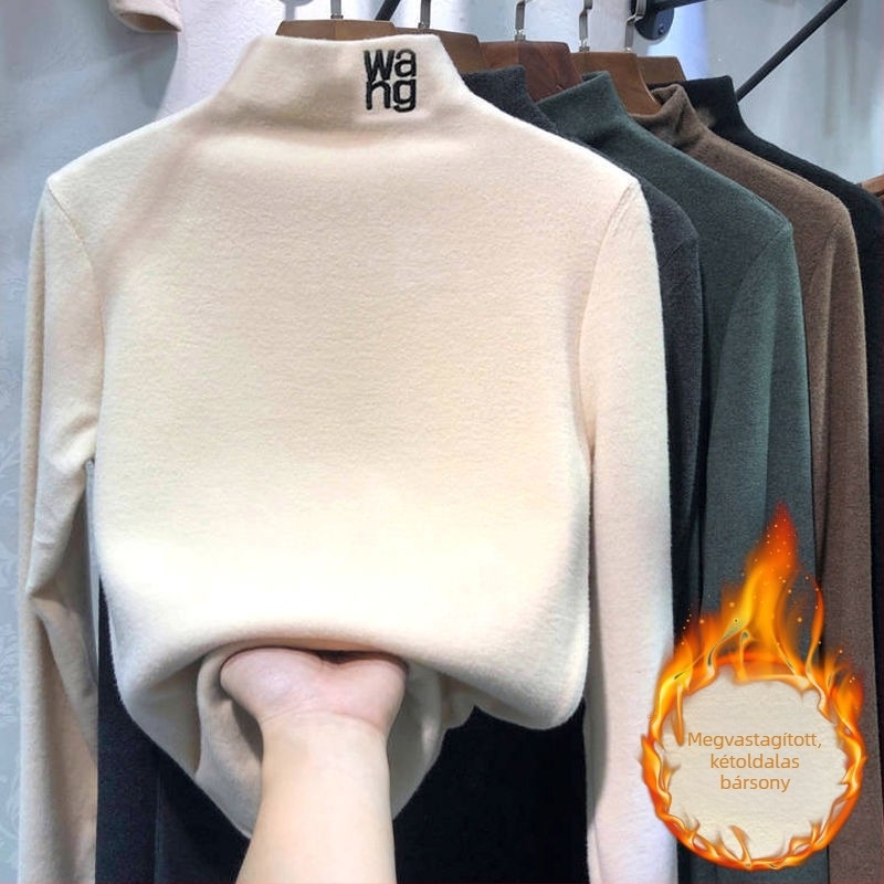 Pluszméretű fekete hosszú ujjú felső mock nyakkal, velúr béléses, őszi-téli
