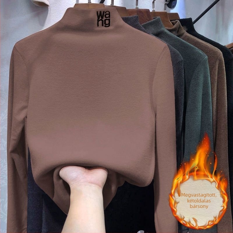 Pluszméretű fekete hosszú ujjú felső mock nyakkal, velúr béléses, őszi-téli