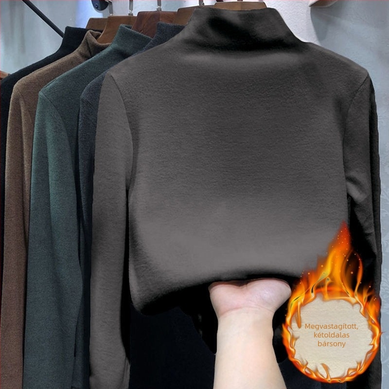 Pluszméretű fekete hosszú ujjú felső mock nyakkal, velúr béléses, őszi-téli