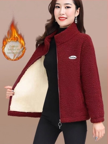 Őszi–téli női kabát báránygyapjú béléssel, vastag fleece-béléssel, szabad szabású, plus méret