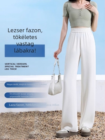 Ice Silk női széles szárú nadrág nyárra, fekete, vékony, magas rugalmasságú, plusz méret, laza egyenes fazon