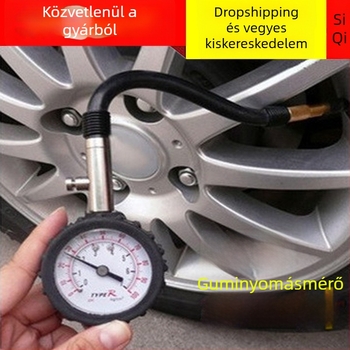 Hosszúcsöves guminyomásmérő autókhoz, nagy pontosságú mechanikus mérő, gumírozott tömlő, kioldó szeleppel és iránytűvel