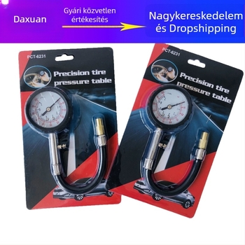 Magas pontosságú autógumi nyomásmérő hosszú tömlővel és leeresztő funkcióval; mechanikus, multifunkcionális nyomásfigyelő