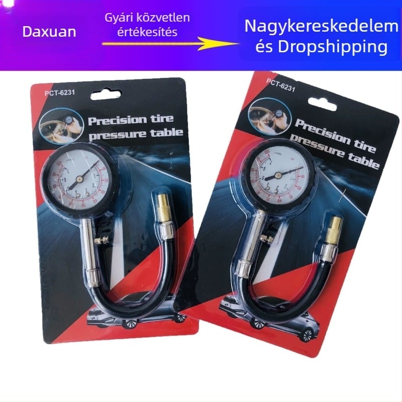 Magas pontosságú autógumi nyomásmérő hosszú tömlővel és leeresztő funkcióval; mechanikus, multifunkcionális nyomásfigyelő