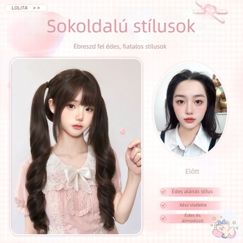 Női paróka kettős lófarokkal, római göndörökkel, hőálló szintetikus rost, természetes megjelenés