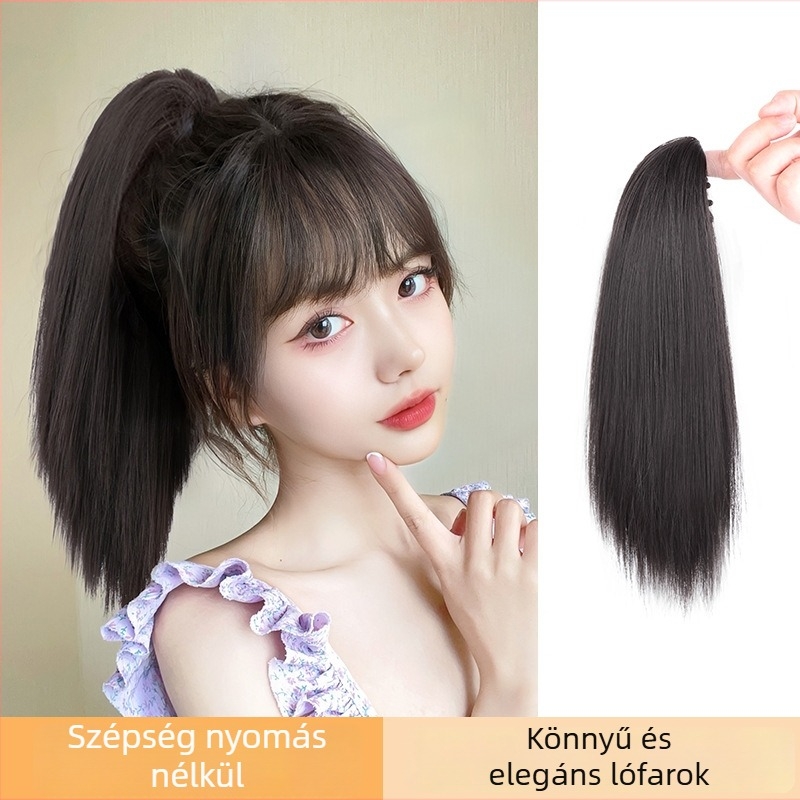 Egyenes műszálas paróka copfos rögzítő klippel, 30 cm, alkalmas alacsony copfhoz
